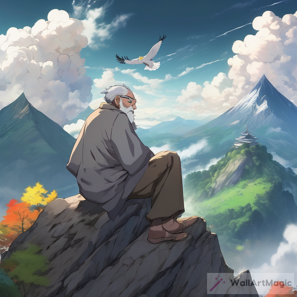 Anime Art: Mountain Peak Serenity with Old Man and White Eagle