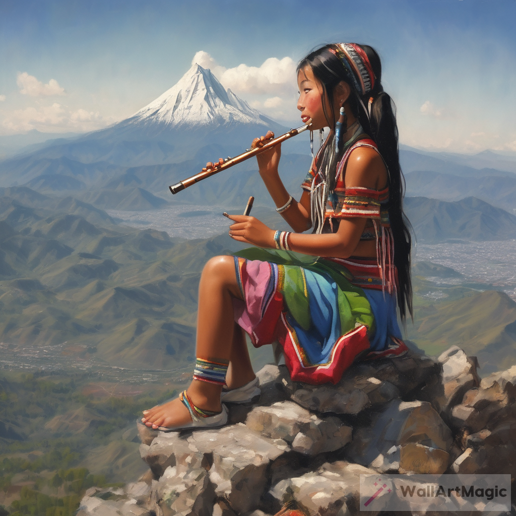 Serenity: Tibetan Girl with Flute on Mountain Peak