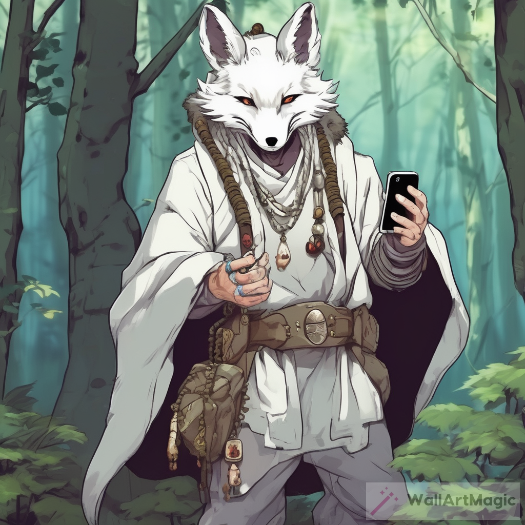 White Fox Shaman with Nokia 3310 in Enchanted Forest