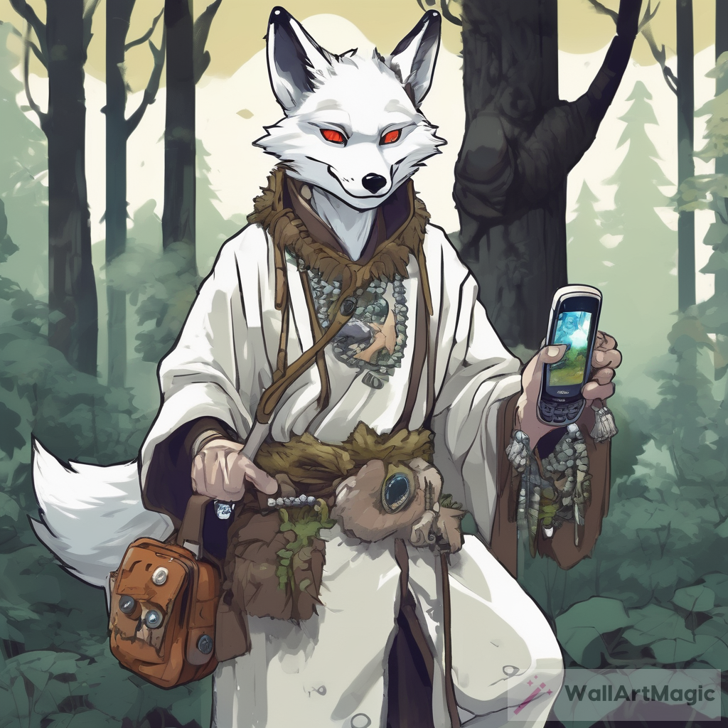 Mystical White Fox Shaman: Nokia 3310 in the Forest Anime Style