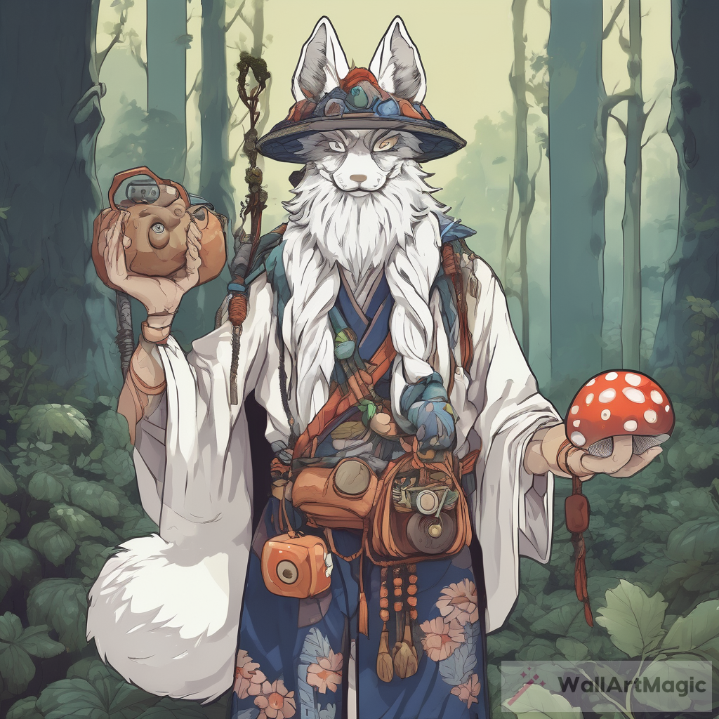 White Kitsune Shaman in Forest with Push-Button Telephone
