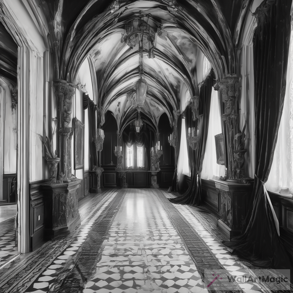 Eerie Gothic Castle Corridor with Paintings and Curtains