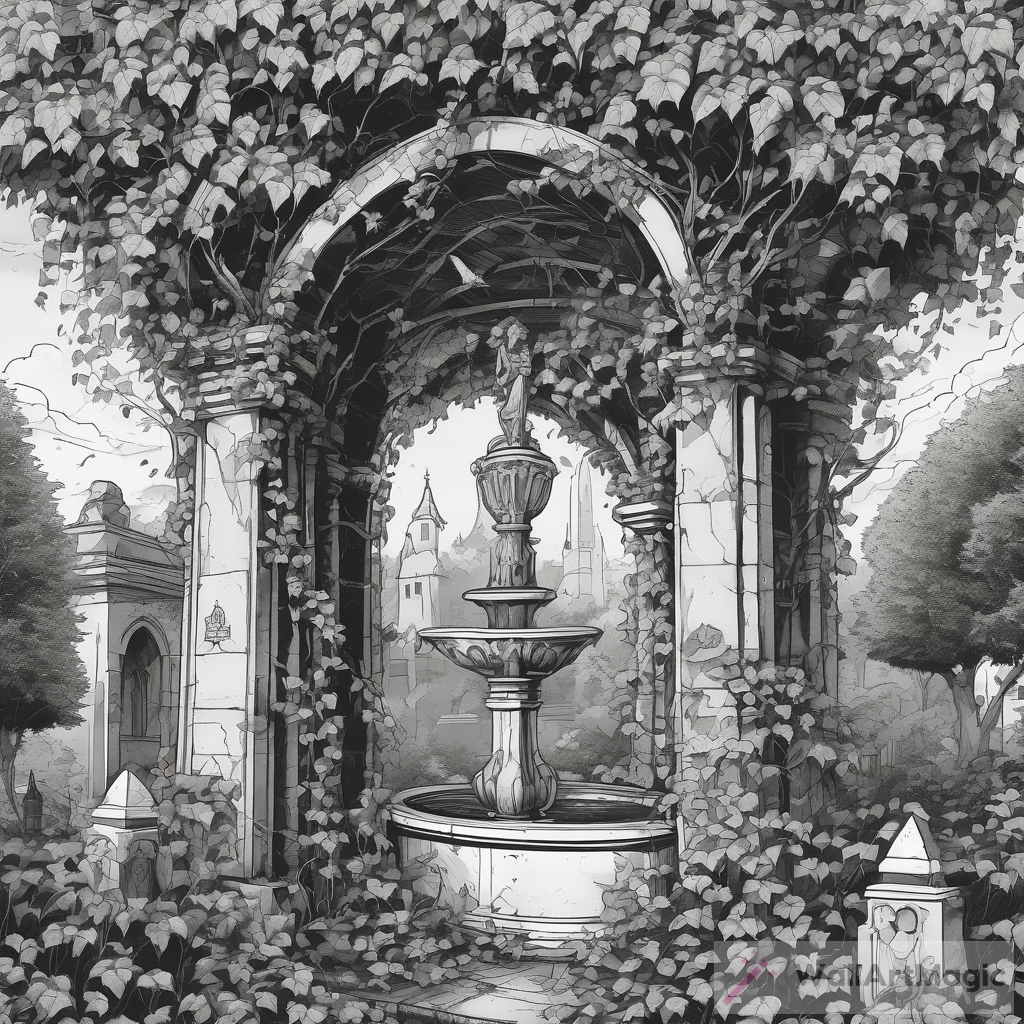 Ethereal Cemetery: Hidden Fountain in Black & White Ink