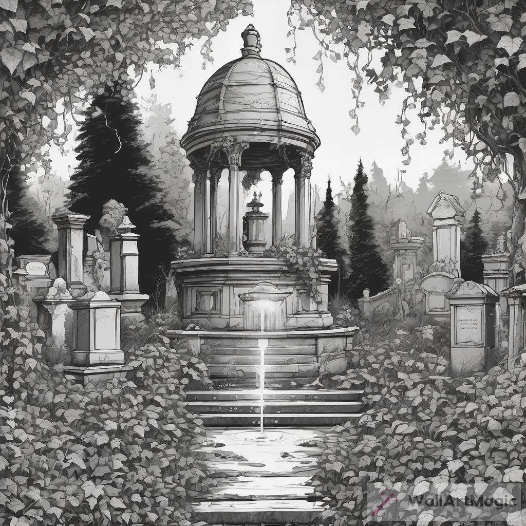 Eerie Cemetery with Hidden Fountain | Black & White Ink D&D Art