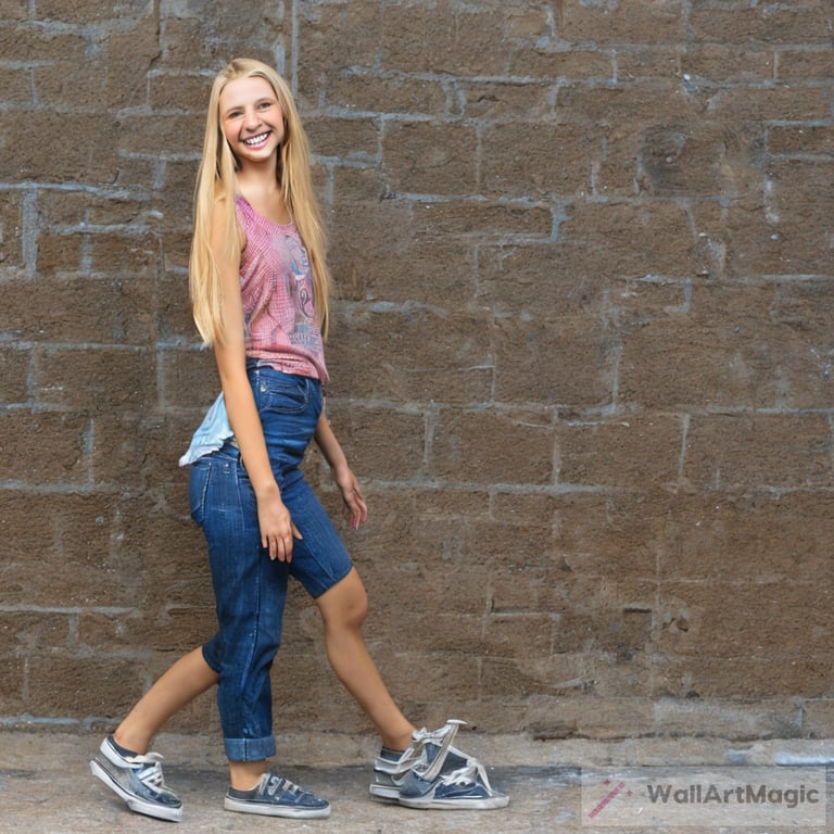 A cute teen girl, blonde hair, smiling, standing full body pose
