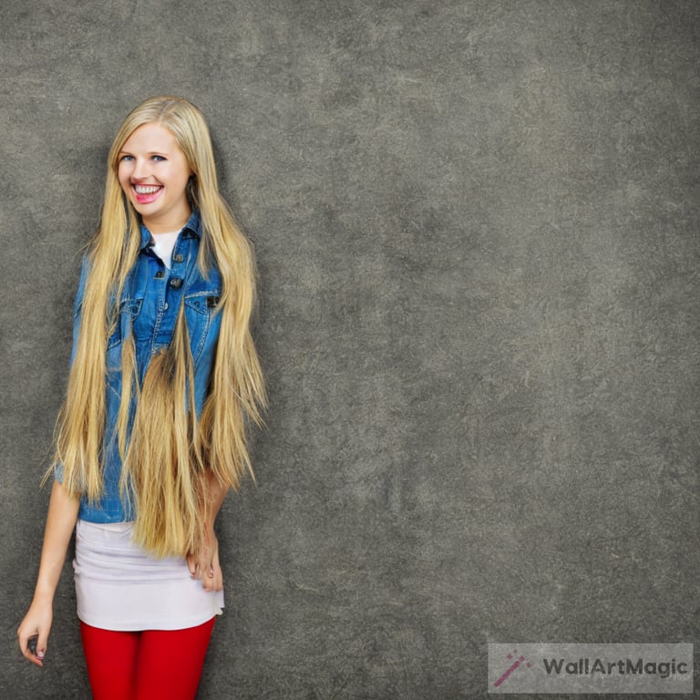 A cute teen girl, blonde hair, smiling, standing full body pose