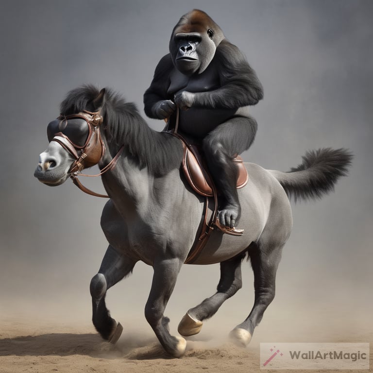 bespectacled gorilla riding a horse
