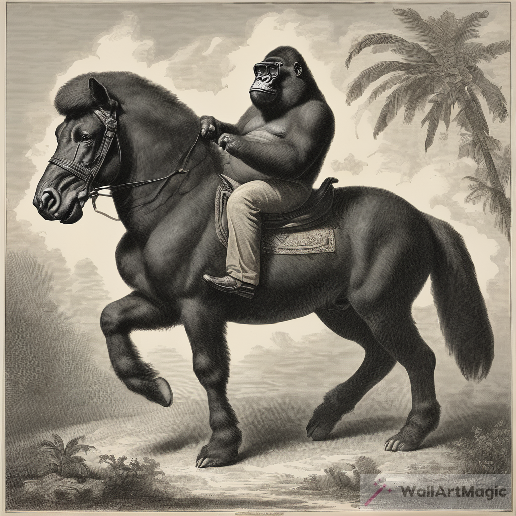 Unexpected Adventure: Bespectacled Gorilla Riding Horse