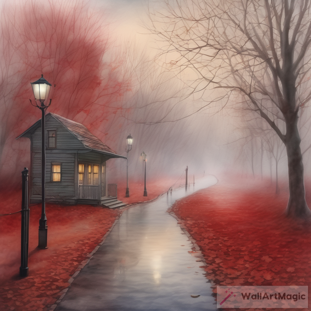 A photorealistic image of a create a watercolor painting of a foggy path, lined on only one side of the path with ornate illuminated lampposts. bare trees along the path. leaves scattered on the ground. Add some misty figures in the background. mysterious evening atmosphere, watercolor stylesmall, bright red shack sitting on top of an open lake. The water of the lake should be serene, calm and peaceful in a cerulean blue. The sky should have soft, wispy clouds in a pink color at dusk. In the background are large, dark out of focus mountains. The light should be dim and diffused with a pink tint