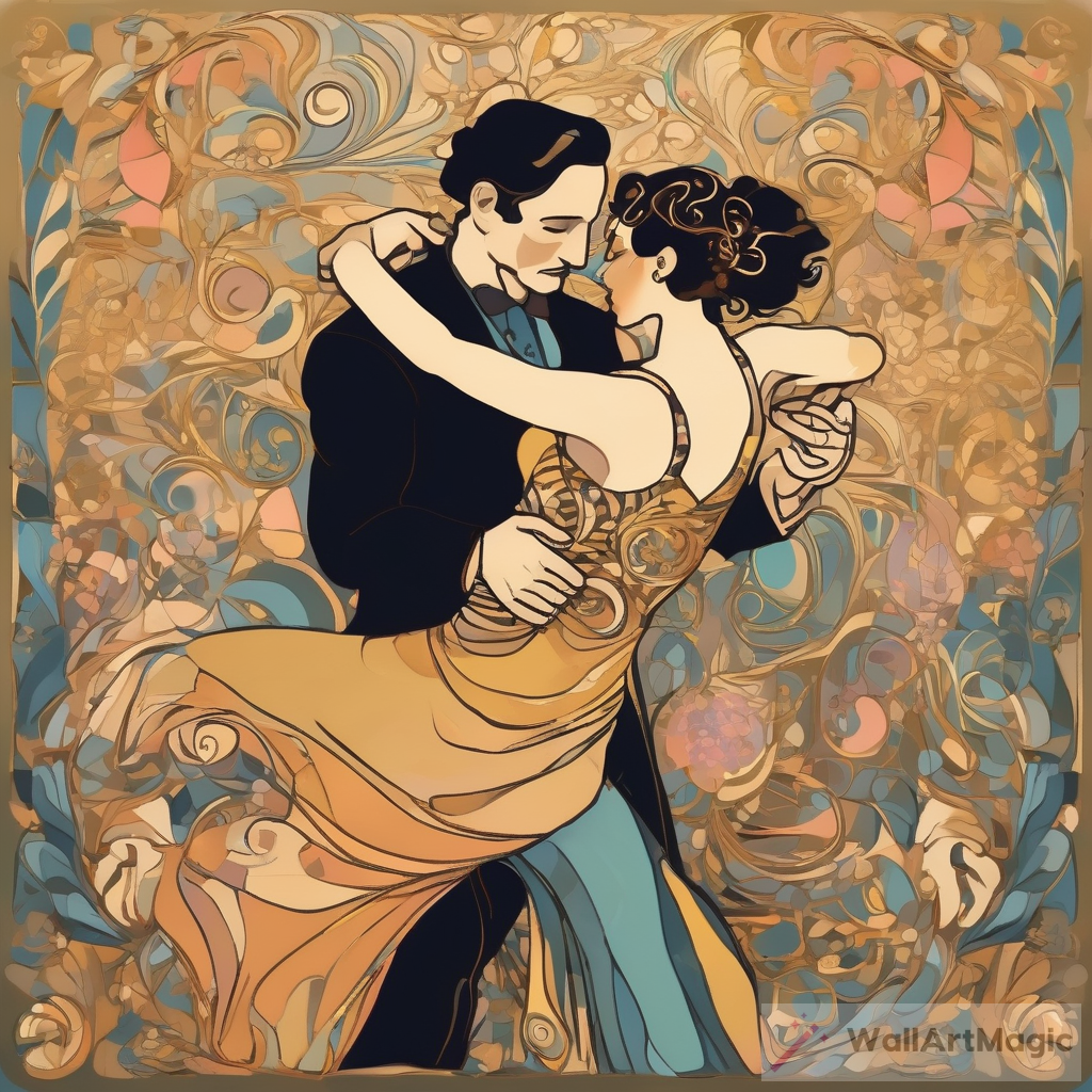 Tango Dancers in the style of Art Noveau, Klimt, T-Short Design, abstract floral motifs, colors are Pastels and Gold, romantic, intricate details -