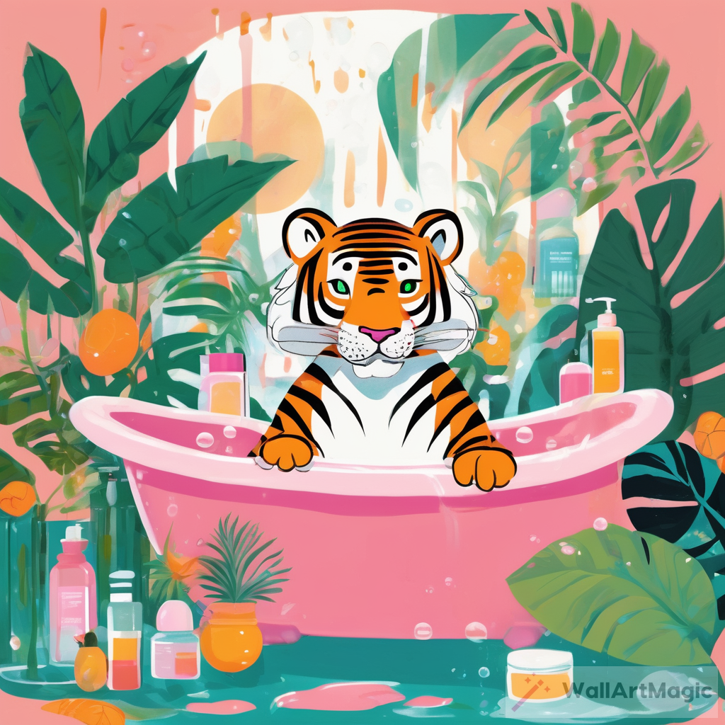 An illustrated image of a tiger relaxing in a bubble-filled bath surrounded by lush tropical plants and various bottles of toiletries. The tiger has a content expression, with orange and black stripes and closed eyes. The scene is vibrant and playful, with green foliage, colorful bubbles, and bottles in hues of pink, blue, and yellow scattered around the bathtub