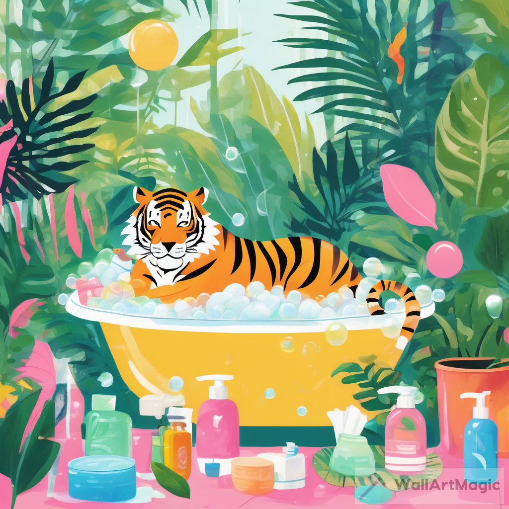 An illustrated image of a tiger relaxing in a bubble-filled bath surrounded by lush tropical plants and various bottles of toiletries. . The scene is vibrant and playful, with green foliage, colorful bubbles, and bottles in hues of pink, blue, and yellow scattered around the bathtub