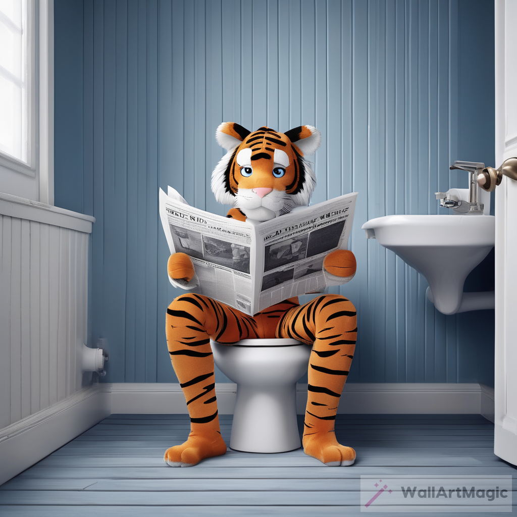 tiger wearing cute pajamas, sitting on the toilet reading a newspaper, grey flooring and white and blue wood-paneled walls