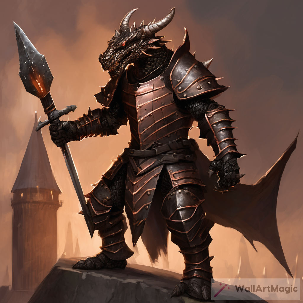 Copper dragonborn in wicked black heavy armor wielding a spiked tower shield and longsword