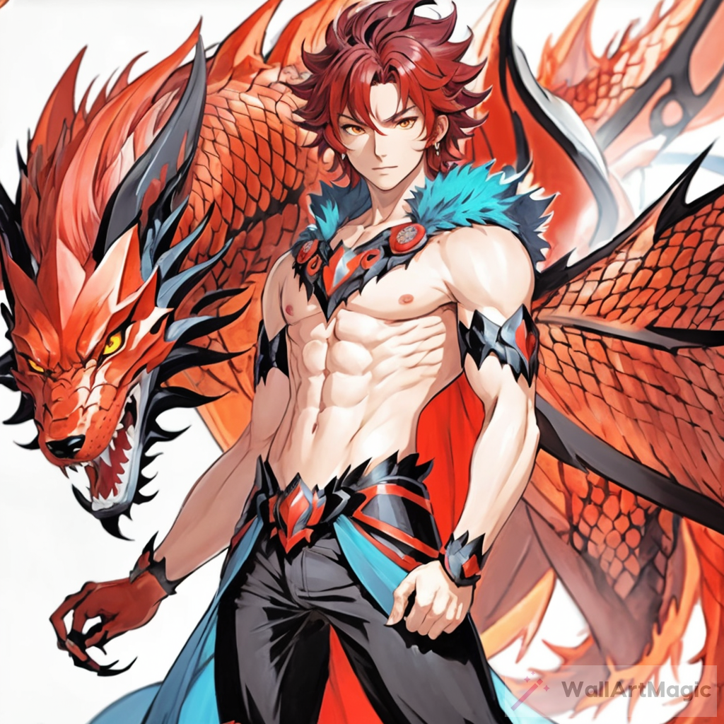 create full body anime , male  , have red dragon scale instead of human skin and wolf claws and wolf ear  , red and black curly hair , character concpet sheet , white background