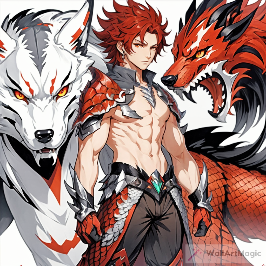 create full body anime , male  , have red dragon scale  skin and wolf claws and wolf ear  , red and black curly hair , character concpet sheet , white background