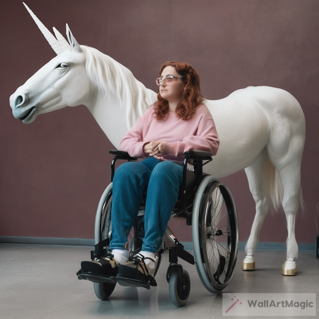 An woman sitting in a wheelchair with a unicorn head