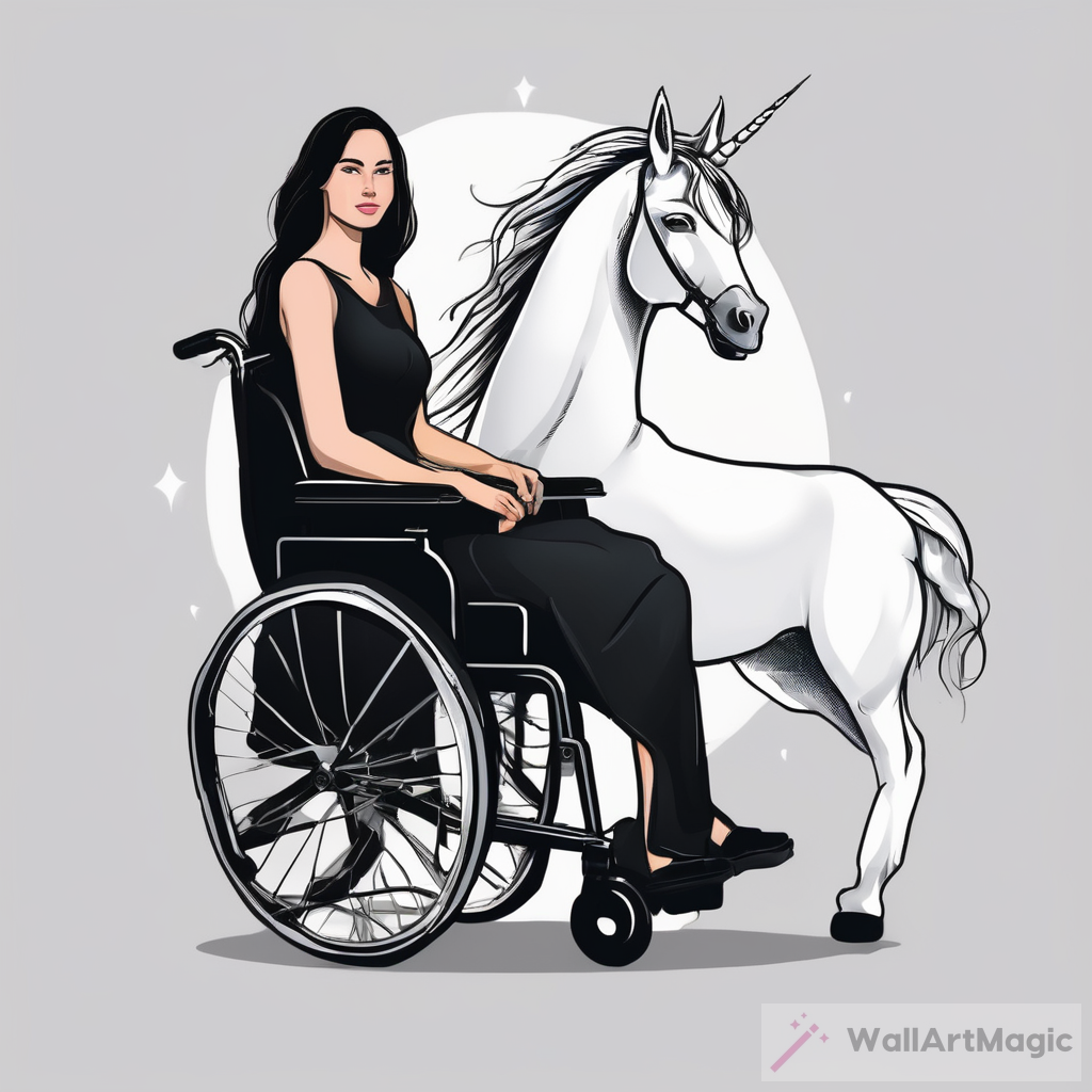 Create a logo with a woman  sitting in a wheelchair. She wears a black, long dress without sleeves. She doesn’t have a normal head, instead she has the head of a white unicorn
