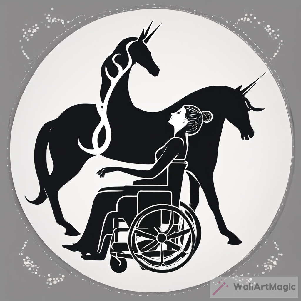 Create a logo with a woman  sitting in a wheelchair. She wears a black, long dress without sleeves. Exchange her head with the head of a white unicorn