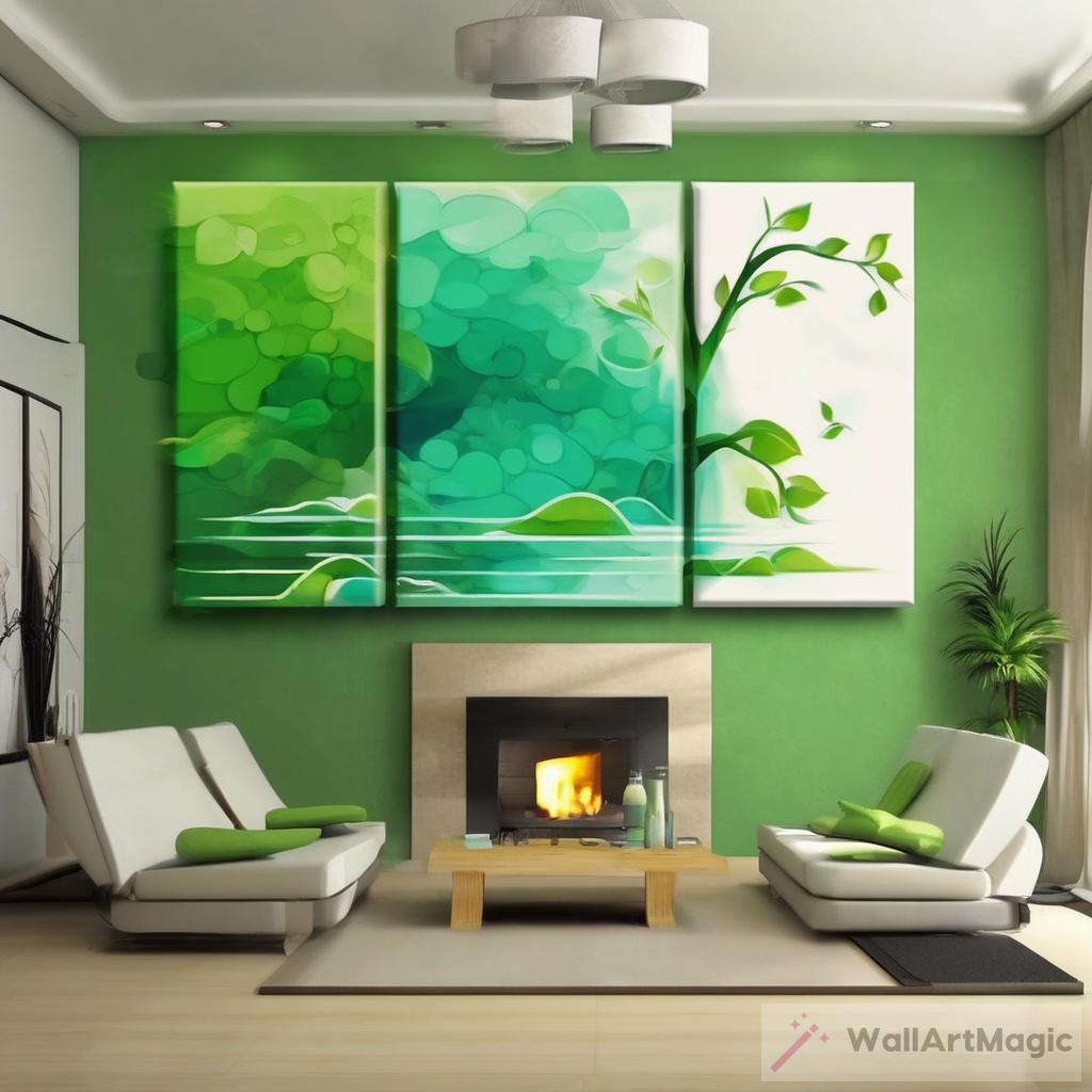 "Create a minimalistic and modern wall painting depicting the harmony of water, fire, family, love, life, friendship, and nature with green theme"