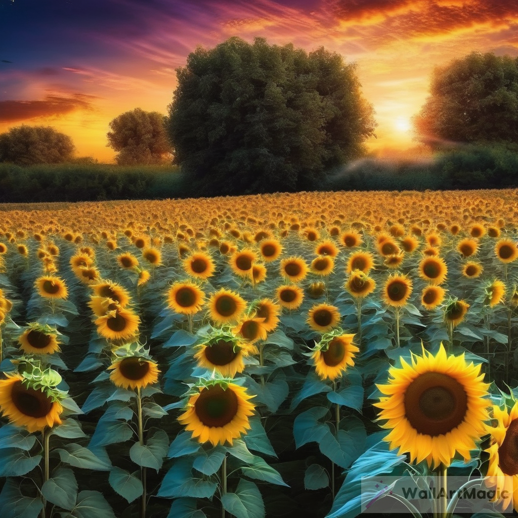 astral dream luminous sunflowers field of dream sunset illumination