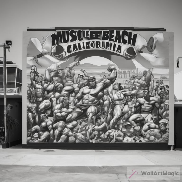a monochrome mural of muscle beach california