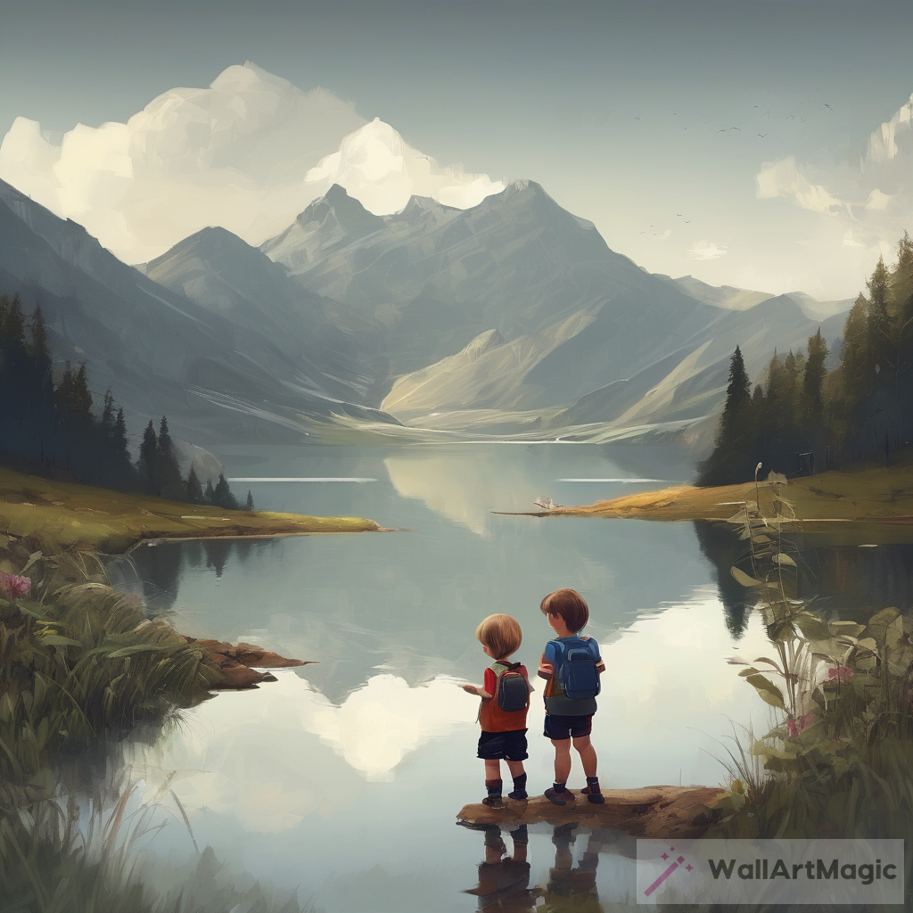Children in the mountain with a lake