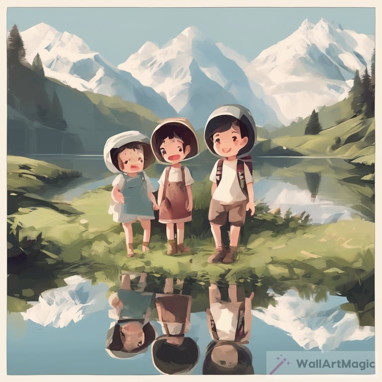 3 Children in the mountain with a lake