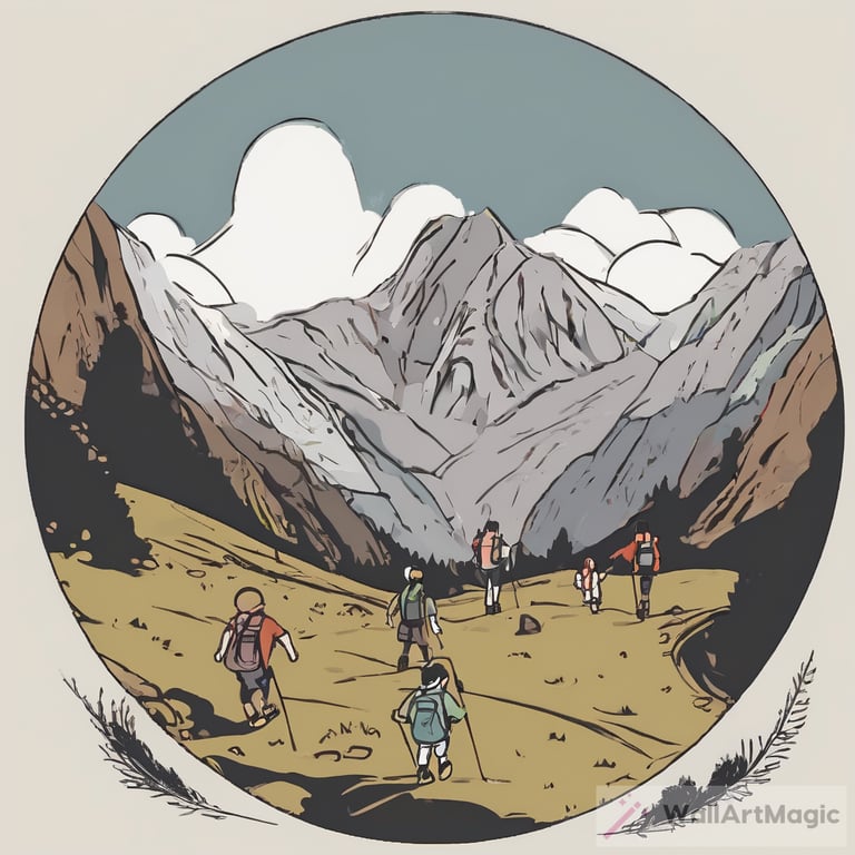 Circle with children hiking in mountains