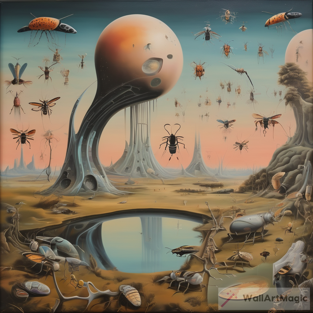 surrealist futuristic landscape painted on canvas with alien insects and animals