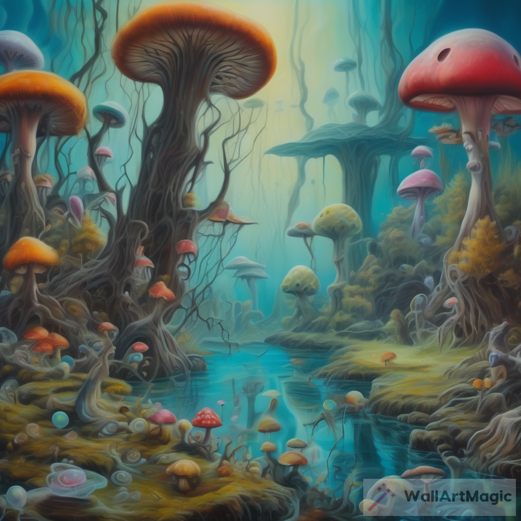 surrealist futuristic underwater landscape with willow trees and colourfull mushrooms, painted realistic way, on canvas with alien creatures,animals and dangerous lurking creatures with big eyes and big teeth